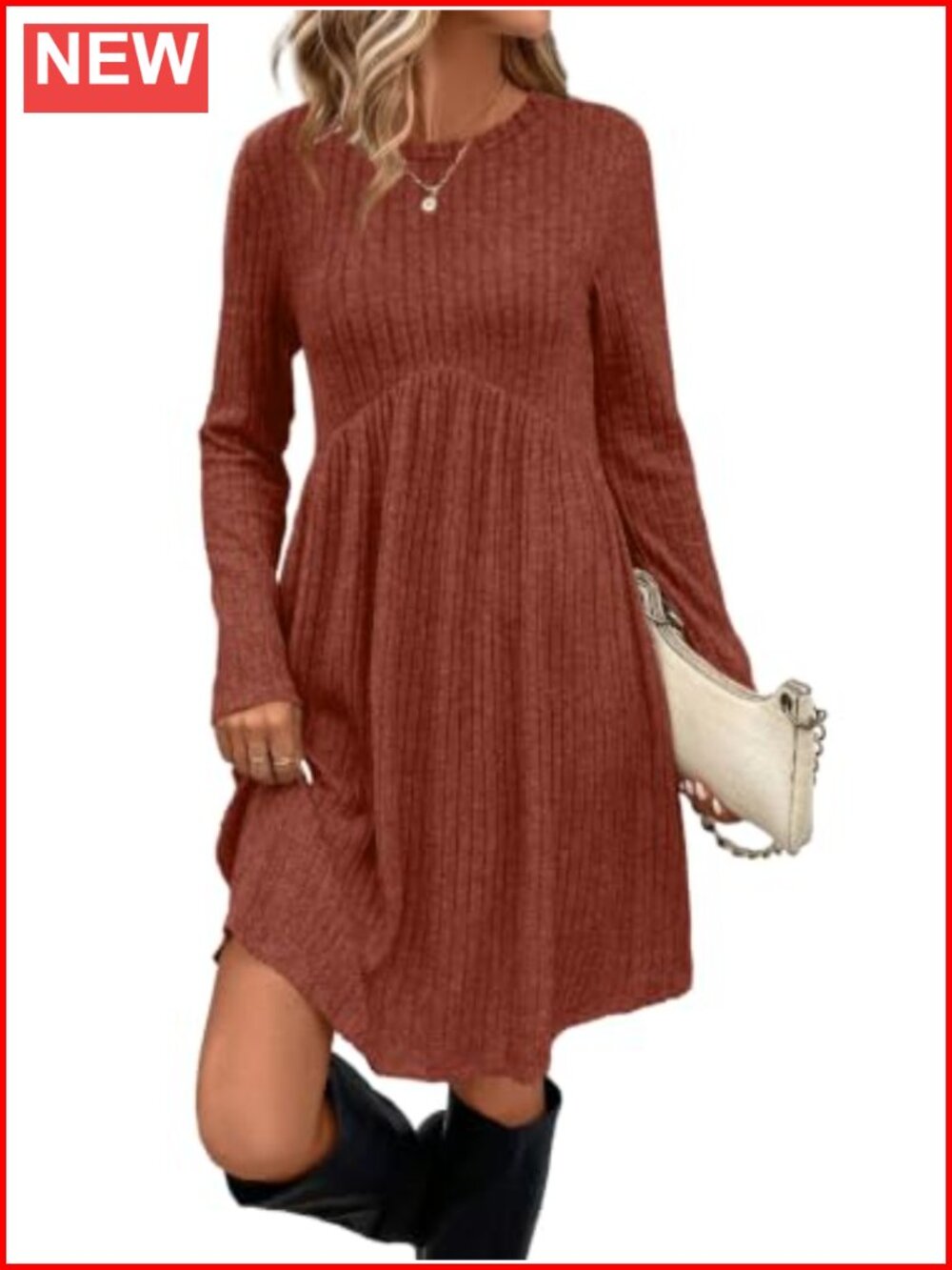 Long Sleeve Crew Neck Empire Waist Tunic Dress with Pockets - Picture 1 of 6